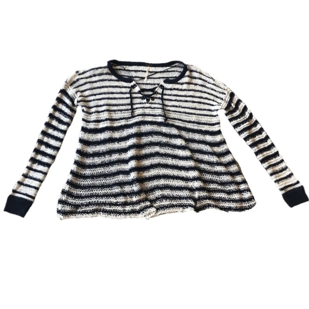 Free People Judy Punk Navy/White Striped Lace Up Oversized Lightweight Sweater S